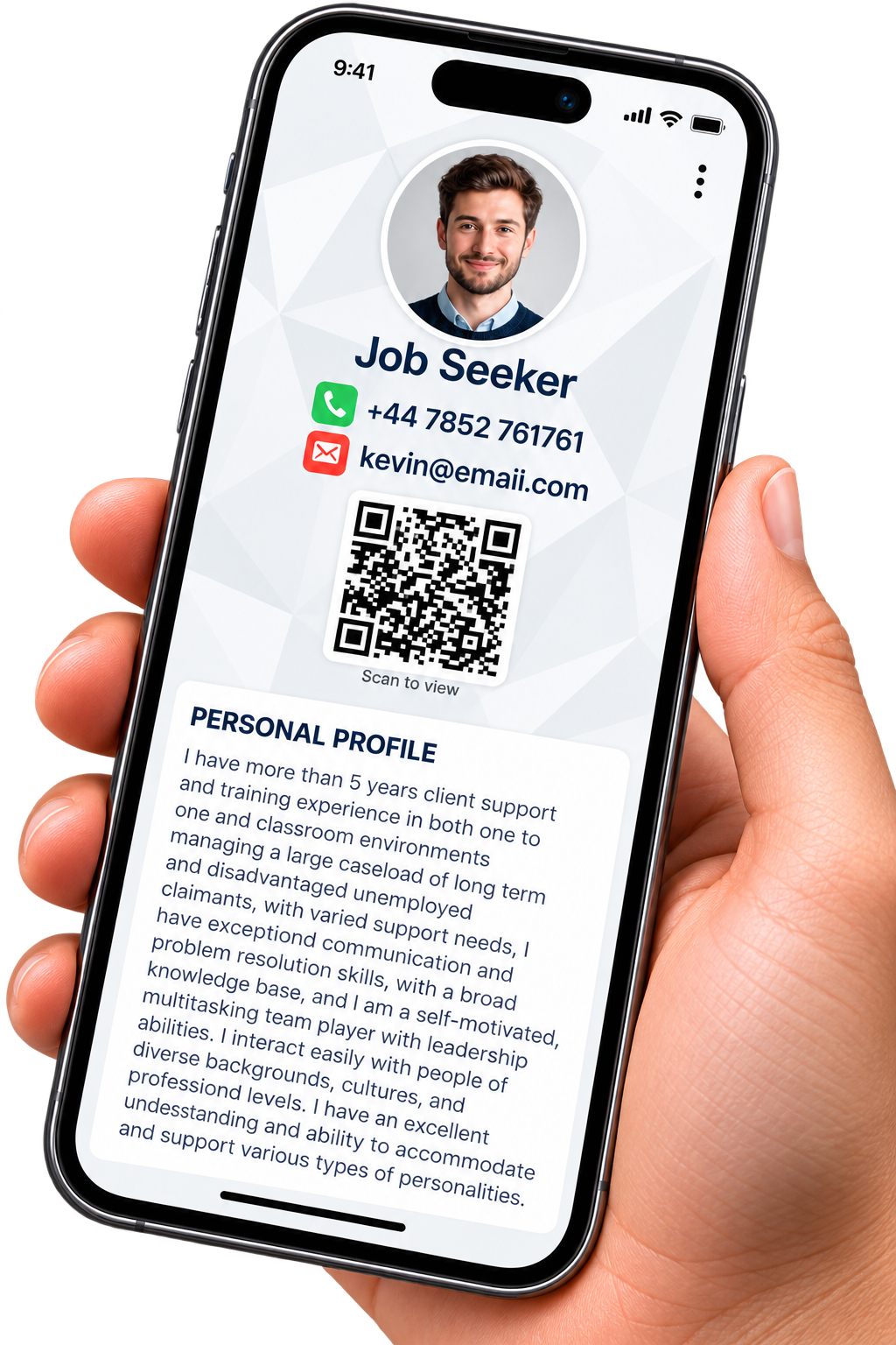 Meetili digital Career Card displayed on a smartphone with professional profile, QR code and career information