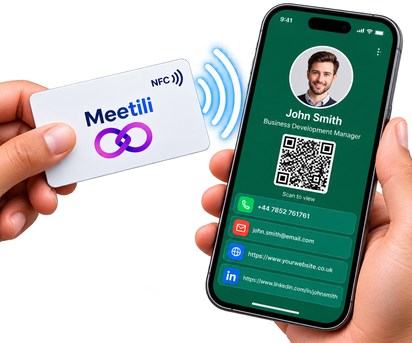 Meetili NFC card being tapped against a smartphone to open a digital business card